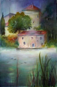 Toblino in Fog. watercolor, 20x28 framed