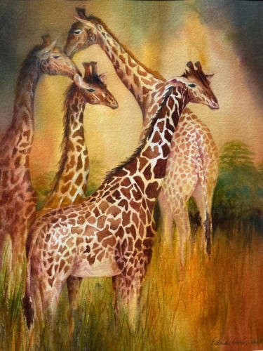 Towering Giraffes, watercolor, 22" x 26" framed 